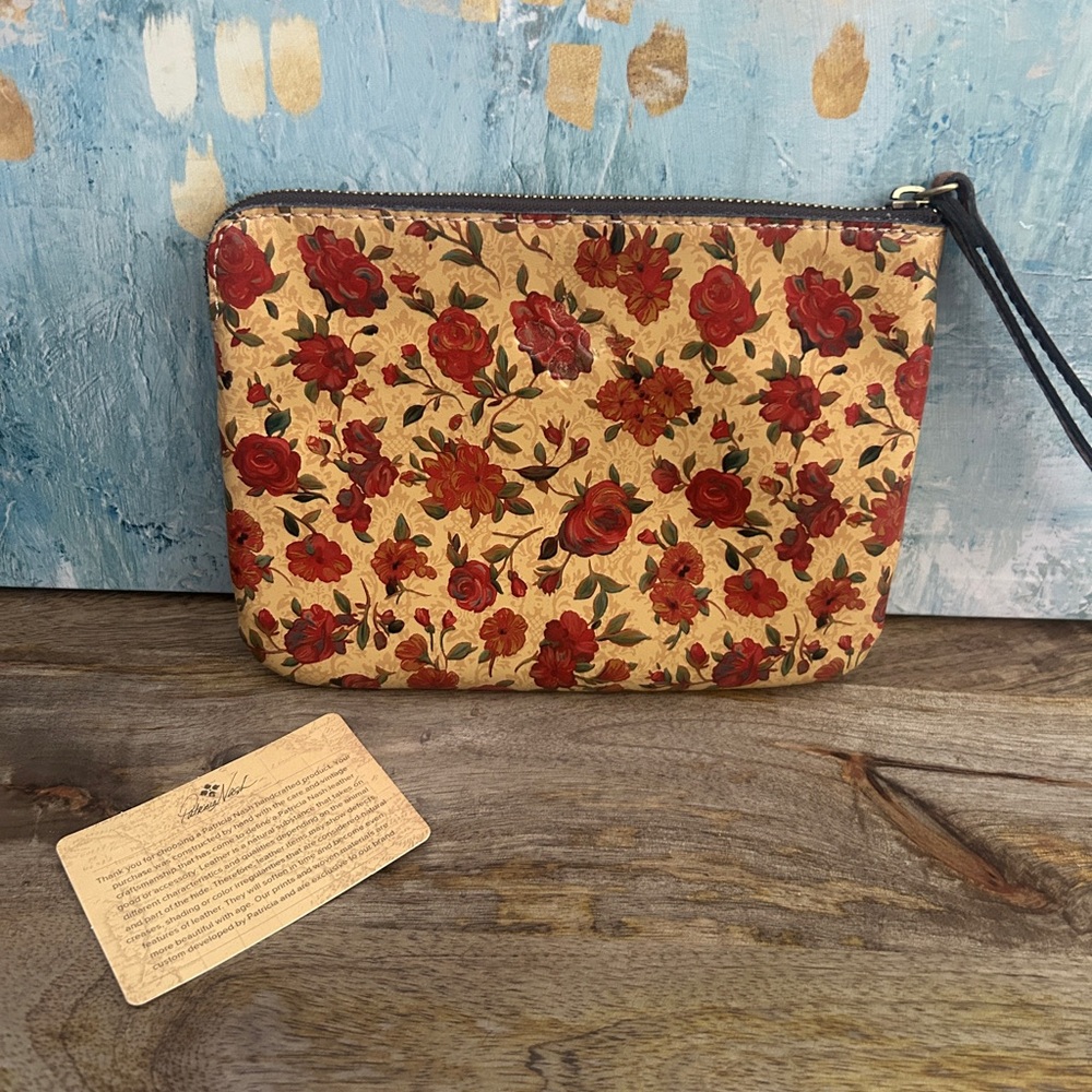 PATRICIA NASH Cassini Tan Rosso Fiore Leather Wristlet